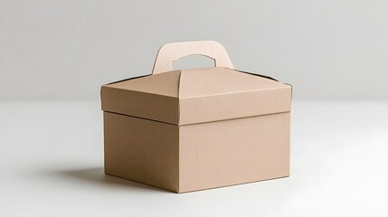 Aufkleber - photograph of a Kraft paper cake box with a simple minimalist handle in a natural brown tone  The packaging design is clean elegant and suitable for various food dessert or baked good products
