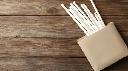 Aufkleber - photograph of a matte white paper straw lying flat in a simple unbranded paper sleeve on a natural wooden surface  Minimal
