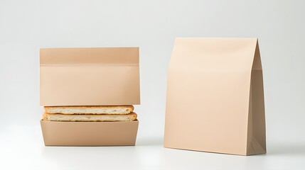 Poster - photograph of a simple minimalist kraft paper sandwich bag with a matte finish and clean elegant lines  The bag has a natural eco friendly design perfect for carrying snacks lunch or takeout meals