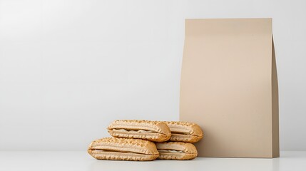 Poster - photograph showcasing a matte finished Kraft paper sandwich bag with clean simple lines  The bag has a minimalist eco friendly design perfect for branding product photography