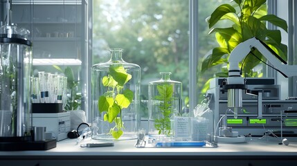 Poster - photographic image of a modern medical plant research greenhouse filled with scientific instruments clear glass containers and a variety of unique botanical specimens for study and experimentation