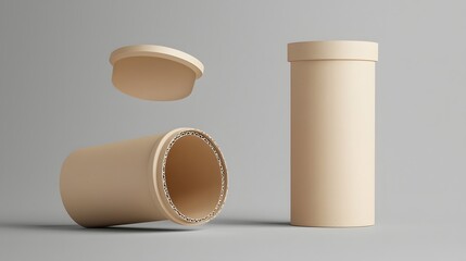 Poster - photographic render of a Kraft cardboard cylinder container with a smooth matte finish floating on a clean gray background  This minimalist product packaging mockup has a simple