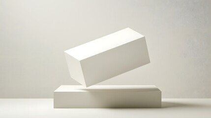 Poster - rendering of a matte white rectangular box with sharp edges floating effortlessly on a light grey studio background  Simple elegant and minimalist composition showcasing the geometric form