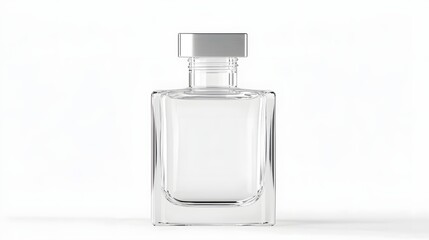 Poster - Sleek and Minimalist Square Glass Bottle with Flat Silver Cap  A photo of a clear transparent glass container with a simple industrial inspired design and a flat silver cap