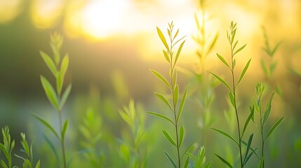Aufkleber - Soft focus foreground with sharp detail on thriving plants under warm golden hour sunlight in a natural outdoor environment