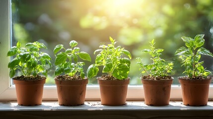 Poster - Specialty herb greenhouse showcasing a collection of aromatic plants like basil and mint growing in individual pots under the warm glow of natural daylight streaming through the window
