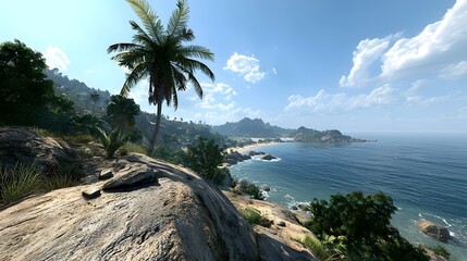 Poster - Stunning coastal cliffs with crystal clear ocean waters and lush tropical vegetation under a warm summer sky with fluffy clouds  Picturesque and serene natural landscape perfect for relaxation