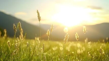 Poster - Tranquil sunset moments in a peaceful summer meadow with distant mountains and a glowing golden sky  A serene and picturesque natural landscape offering a calming and contemplative escape