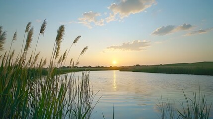 Aufkleber - Tranquil sunset moments reflecting on the calm waters of a serene summer evening lakeside landscape with golden light soft clouds and swaying reeds along the shore