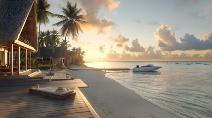 Poster - Tranquil tropical sunset with swaying palm trees and moored yacht at idyllic beach destination  Warm golden sunlight casts a serene glow over the calm azure waters