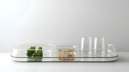 Aufkleber - Transparent plastic food tray with a simple flat design and no visible markings or branding  The tray has a clean minimalist look and can be used for displaying serving