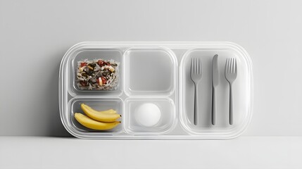 Poster - Transparent plastic compartment food tray with a flat organized design and no visible branding or markings  Empty tray set on a plain white or grey background creating a minimalist clean