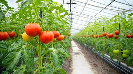 Aufkleber - Vertical tomato plants thriving in a greenhouse with advanced irrigation technology showcasing the future of sustainable urban agriculture and precision farming