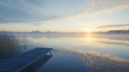 Poster - A tranquil morning scene by a lake with calm waters reflecting the peaceful surroundings.