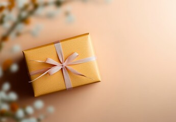 Poster - Elegant Gold Gift Box with Ribbon on Soft Beige Background Surrounded by Blurred Floral Elements and Soft Lighting