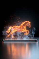 Poster - Digital Illusion of a Fiery Horse Leaping from a Smartphone with Smoke and Glowing Effects in Dark Background