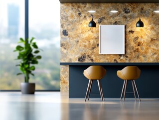 Poster - Modern interior design featuring stylish chairs, stone wall, and large window with city view, ideal for creativity
