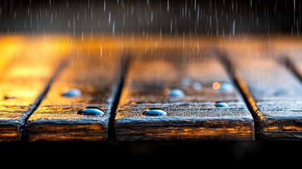 Poster - Close-up View of Water Droplets on Wooden Surface During Rainfall with Golden Glow and Blurred Background