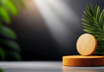 Poster - Elegant Wooden Display Stand with Leaf in Soft Light Setting for Product Photography and Creative Backgrounds