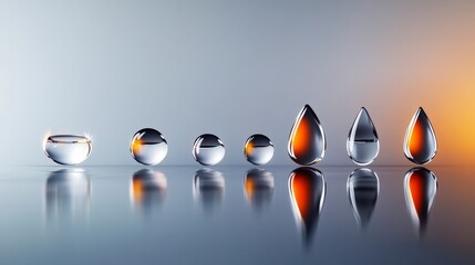 Poster - Series of Clear Water Droplets on a Reflective Surface with Soft Gradient Background and Gentle Lighting Effects