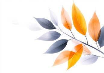Poster - Vibrant Autumn Leaves in Soft Light with Delicate Branch and Gentle Hues of Orange and Gray on White Background