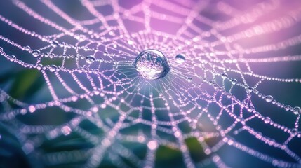 Wall Mural - Beautiful spider web in wild field with dew in morning in Spring.