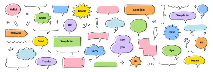 Poster - Line frame text speech bubble set. Line balloon frame design talk speech bubble frame. Comic japan style design background text dialog balloon, simple doodle cloud, box border. Vector illustration