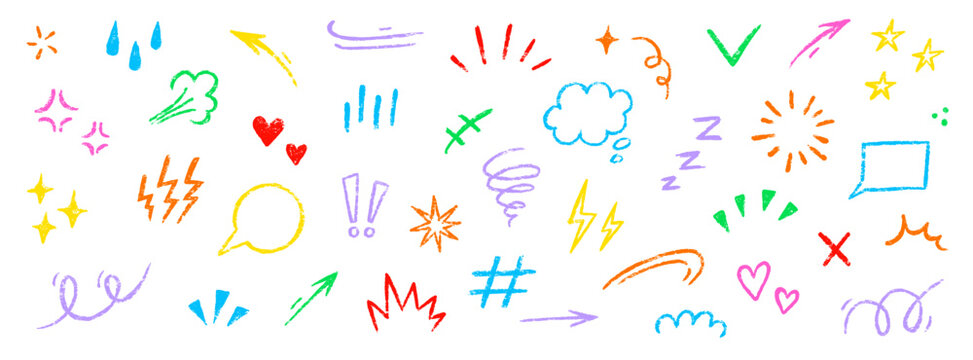 Line movement comic element, cartoon emotion mark effect decoration icon. Hand drawn cute doodle line element arrow, heart, speech bubble. Anime movement, express shape. Vector illustration