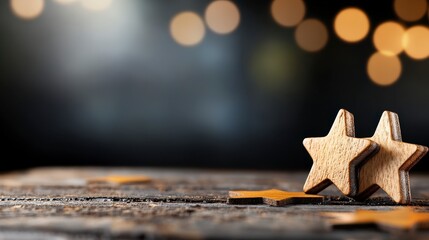 Poster - Decorative wooden stars on rustic wooden table with soft blurred bokeh background creating warm festive atmosphere