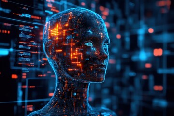 Poster - Digital head with glowing circuits, AI concept. Illustrates artificial intelligence, digital transformation, and future tech.