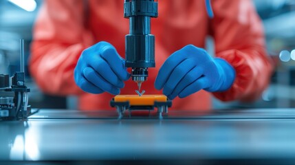 Poster - A technician in blue gloves operates machinery, focusing on a small orange component on a production line in a modern manufacturing facility.