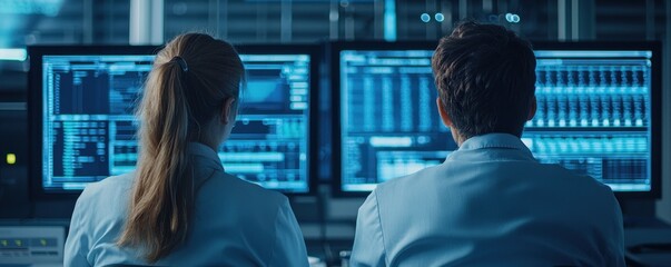 Poster - climate modeling temperature algorithms comcept. two professionals analyze data on multiple screens,