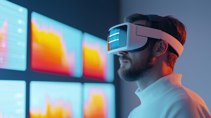 Poster - A man wearing a VR headset engages with vibrant data visualizations on multiple screens in a modern tech environment.
