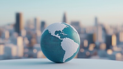 Poster - Climate modeling temperature algorithms comcept. A detailed globe showcasing the Americas, set against a blurred cityscape background, symbolizing global connectivity and urban life.