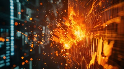 Wall Mural - Exploding stock market screen, price charts breaking into fiery fragments
