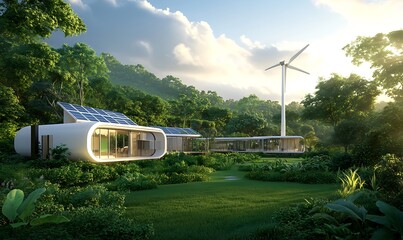 Poster - Futuristic eco-home featuring solar power in a self-sustaining design, ideal for sustainable living concepts.