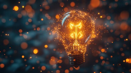 Poster - Glowing innovation lightbulb surrounded by sparks, emerging from a package