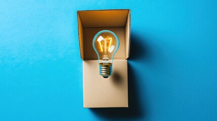 Poster - Glowing light bulb floating above an open cardboard box on a blue background