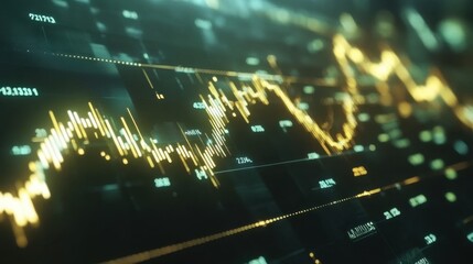 Wall Mural - Green upward arrow with golden financial charts and stock market indicators in the background, economic success theme