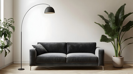 Wall Mural - living room with light hardwood floors, a gray velvet sofa, a modern floor lamp, and a few green plants placed throughout the room 