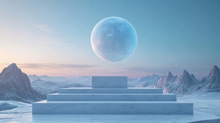 empty podium on a distant planet surface, with a colossal blue planet in the sky and a soft, glowing