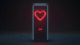Neon heart display, dark room, love concept, website
