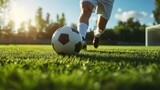People playing soccer game in field.