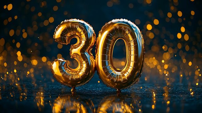 Gold foil balloons in the shape of 30 on a dark background with bokeh lights,