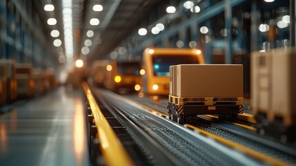 Poster - Conceptual Image of Efficient Freight Transport in Global Logistics Industry with Miniature Train on Warehouse Tracks