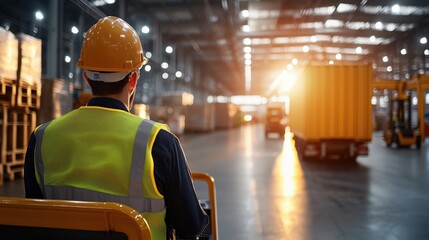 Poster - worker operating forklift in large warehouse during sunset, freight and logistics industry, global s