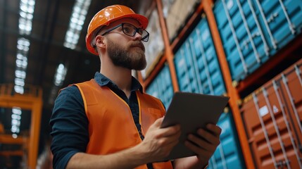 Poster - Thoughtful Warehouse Worker Analyzing Logistics Data in Freight Industry Against Background of Shipping Containers