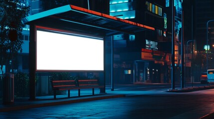 Poster - Empty billboard lightbox mockup on modern bus stop at night. Public transport urban setting. Evening city scene. Blank advertisement area for design ideas. Commercial template. 32k Resolution