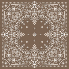 Coffee Bandana Print, paisley pattern. coffee, coffee beans, flowers, decorative geometric line ornament. Bandana pattern template. Silk neck scarf or kerchief square pattern design.