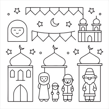 Eid Al Adha Islamic Coloring book pages for children and adults with vector design